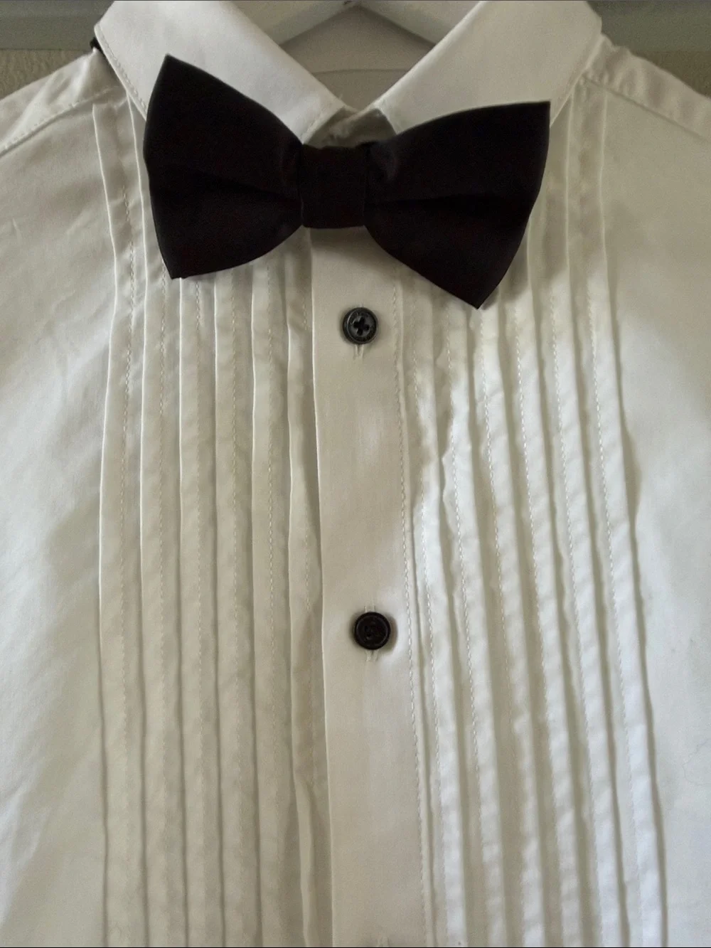 Boys Calvin Klein White Pleated Tuxedo Shirt with Black Buttons and Bow Tie